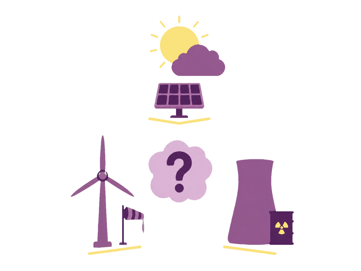 Clouded solar, still wind, and fission with waste arranged around an unresolved question