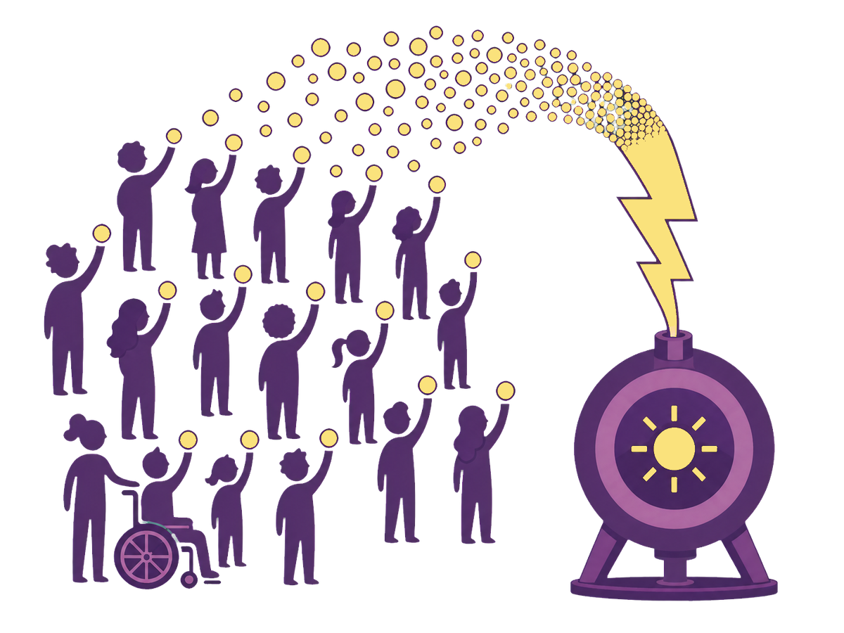 A diverse crowd raises yellow coins that merge into a lightning bolt powering a compact fusion reactor