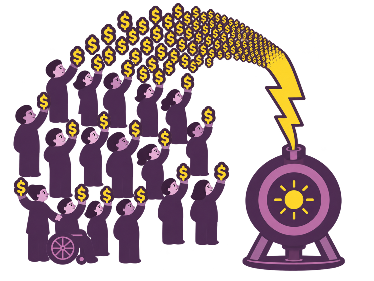 A diverse crowd raises yellow dollar signs that merge into a lightning bolt powering a compact fusion reactor