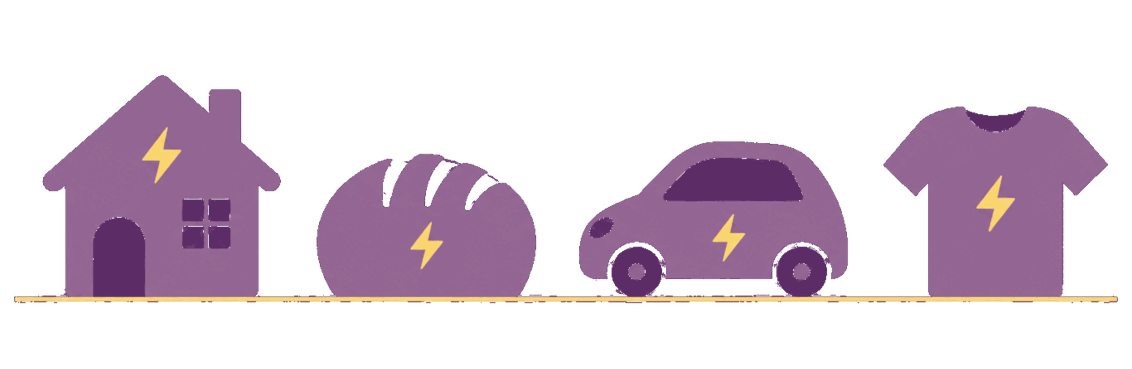 A house, loaf of bread, car, and t-shirt each with a lightning bolt inside