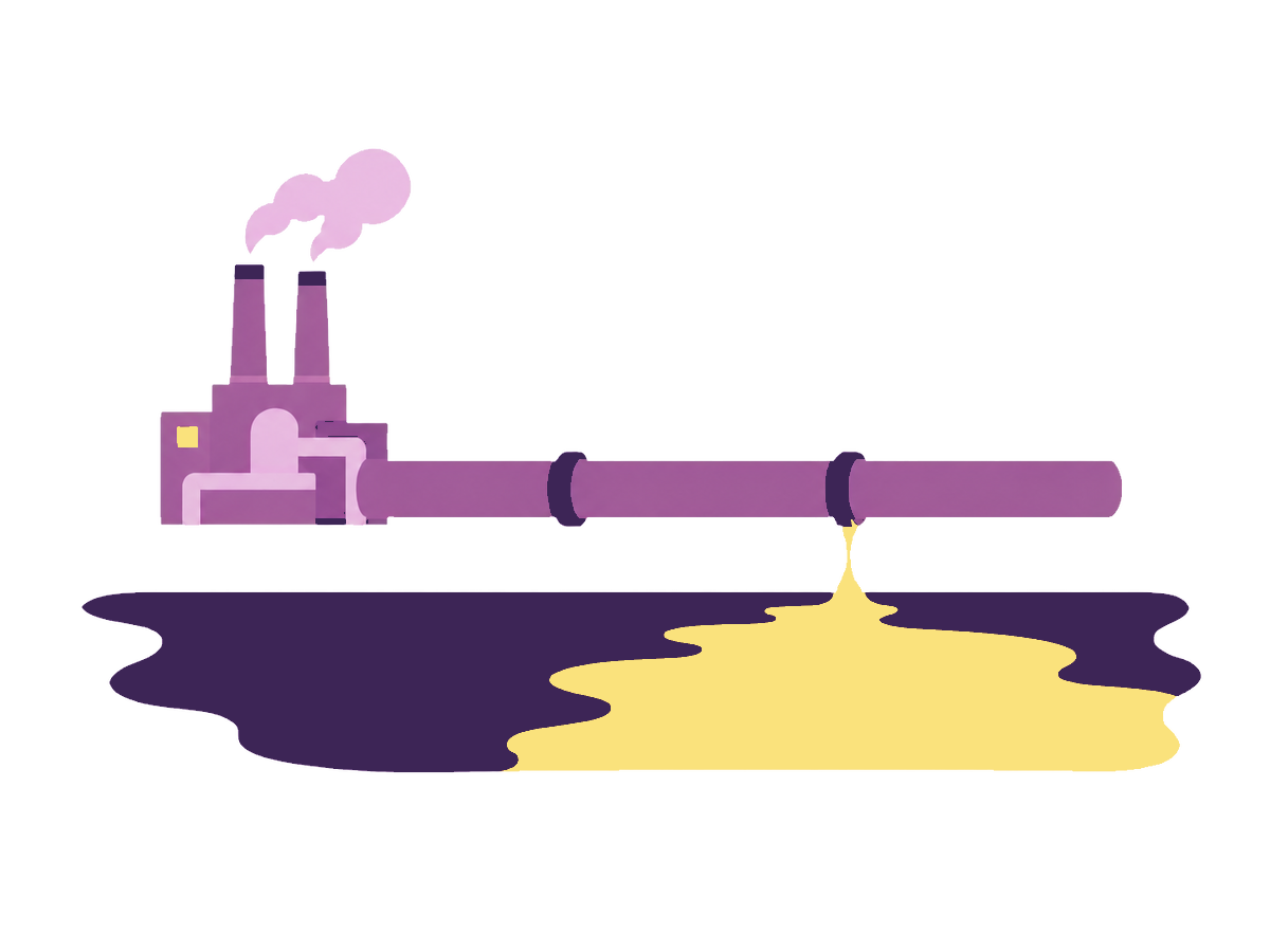 Yellow oil leaks from a refinery pipeline and spreads across a dark purple river