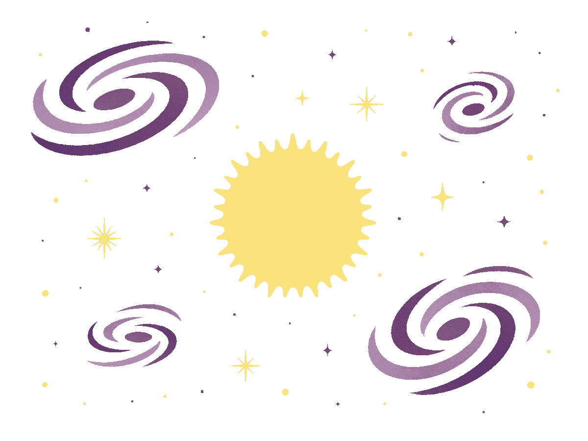 A radiant sun surrounded by spiral galaxies and stars