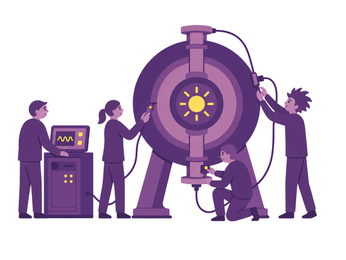 Four scientists operating and testing a compact circular fusion reactor in a laboratory