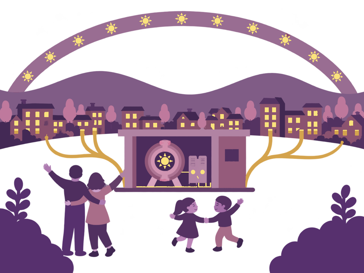A compact fusion generator in a shared utility station at the center of a neighborhood, with a family enjoying the common