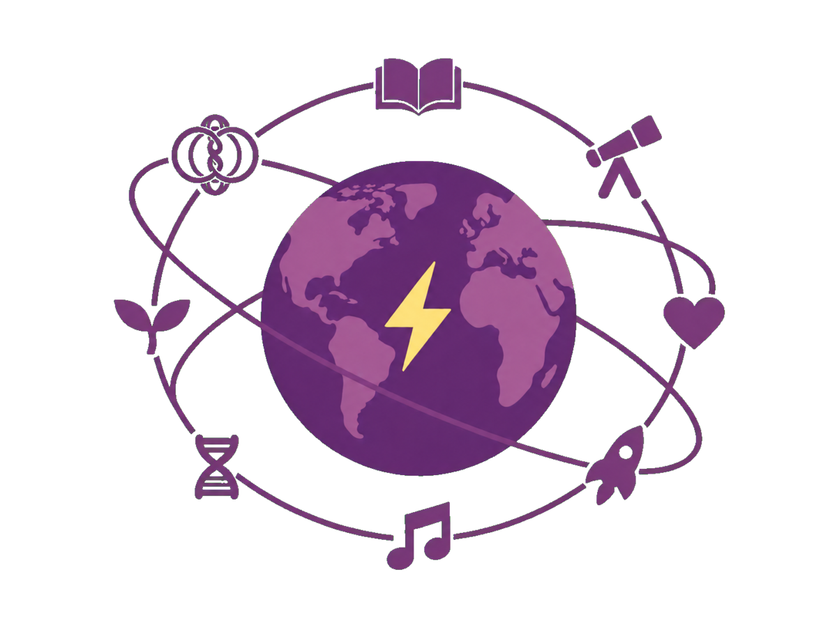 Earth with a lightning bolt, surrounded by orbiting symbols of life and science, including a looped plasmoid