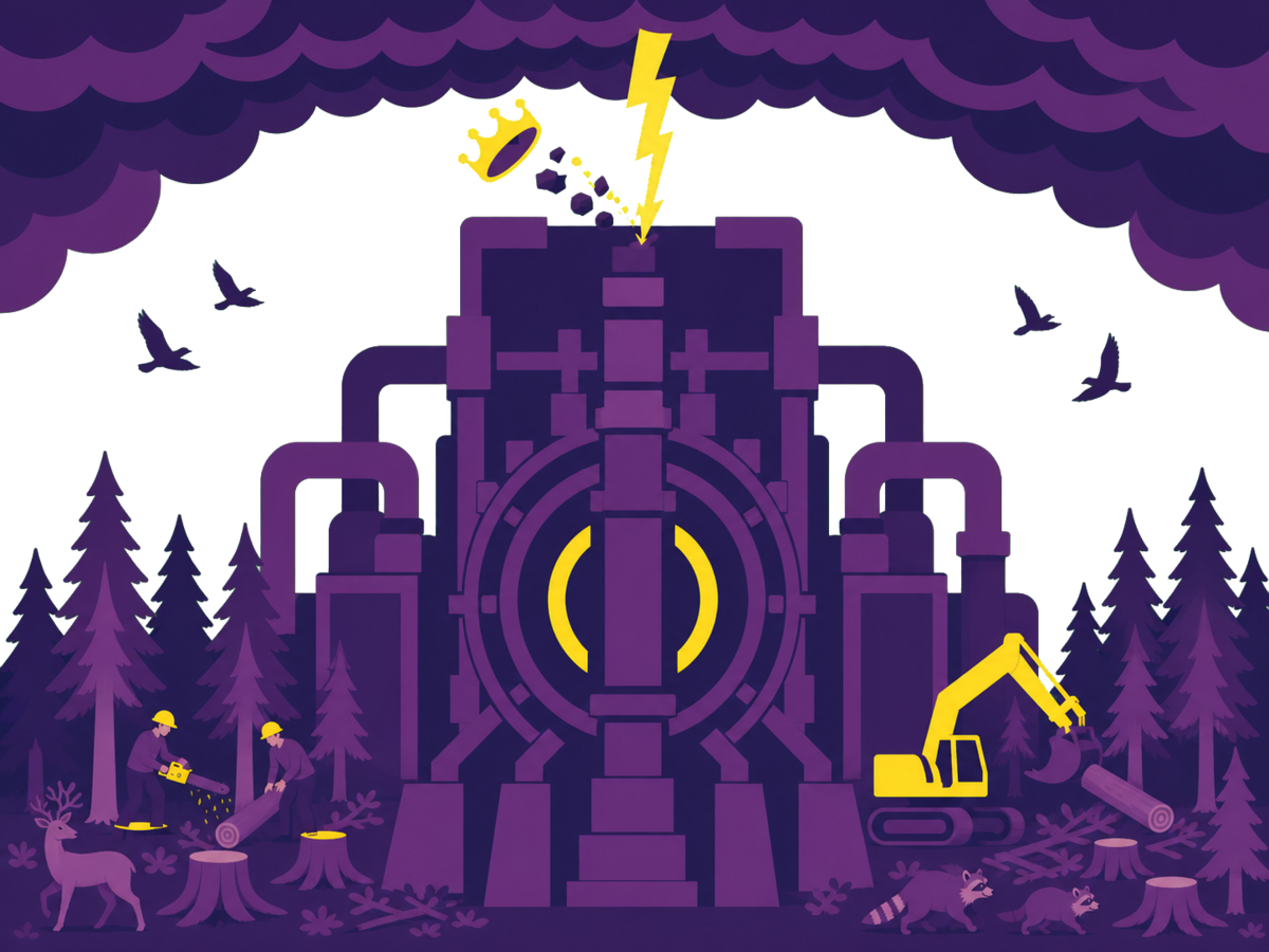 A giant cutaway tokamak complex towers over forest being clear-cut by workers and an excavator as deer, raccoons, and birds flee beneath a lightning-struck airborne crown