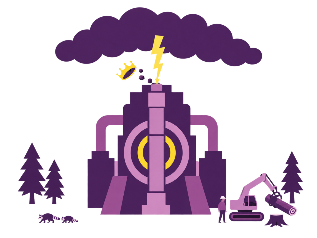 A giant fusion reactor towers over fleeing raccoons and an excavator lifting a felled tree as lightning from a storm cloud strikes the roof and knocks off its crown